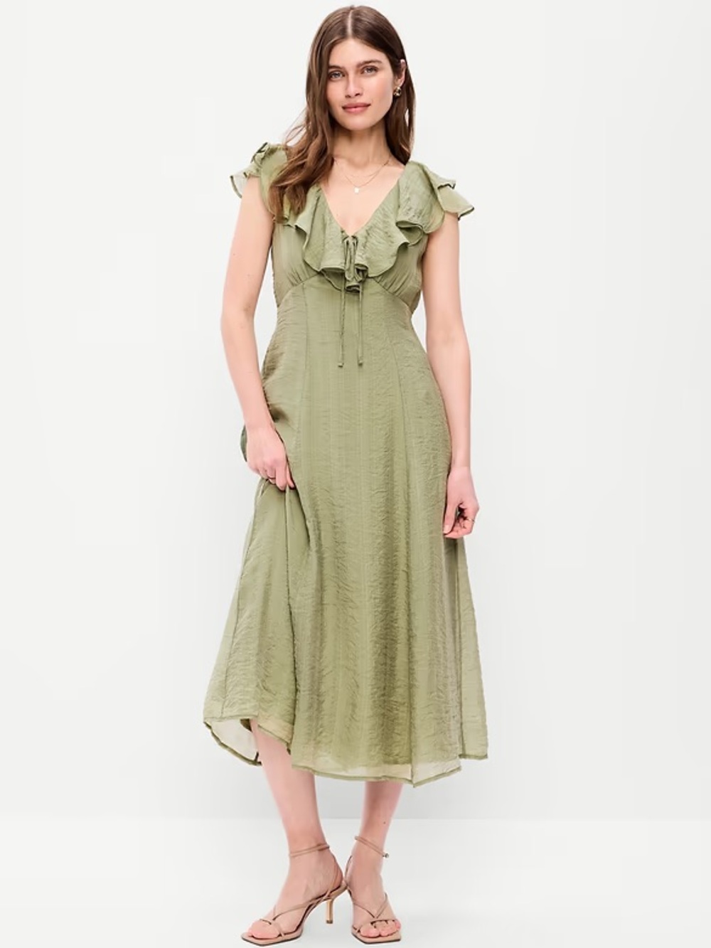 Olive Green Ruffle Midi Dress